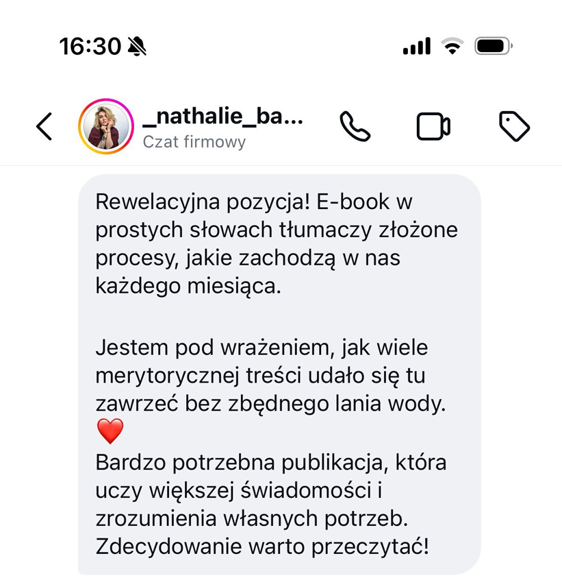 Screenshot wiadomości czytelniczki o prostym tłumaczeniu złożonych procesów i dużej wartości merytorycznej