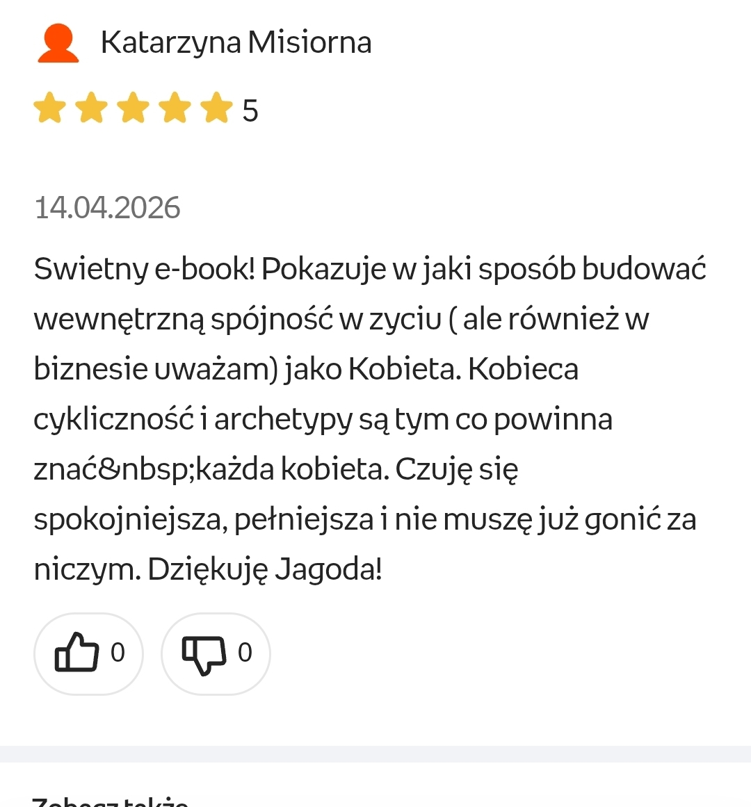 Screenshot opinii Katarzyny o wewnętrznej spójności, kobiecej cykliczności i odzyskanym spokoju