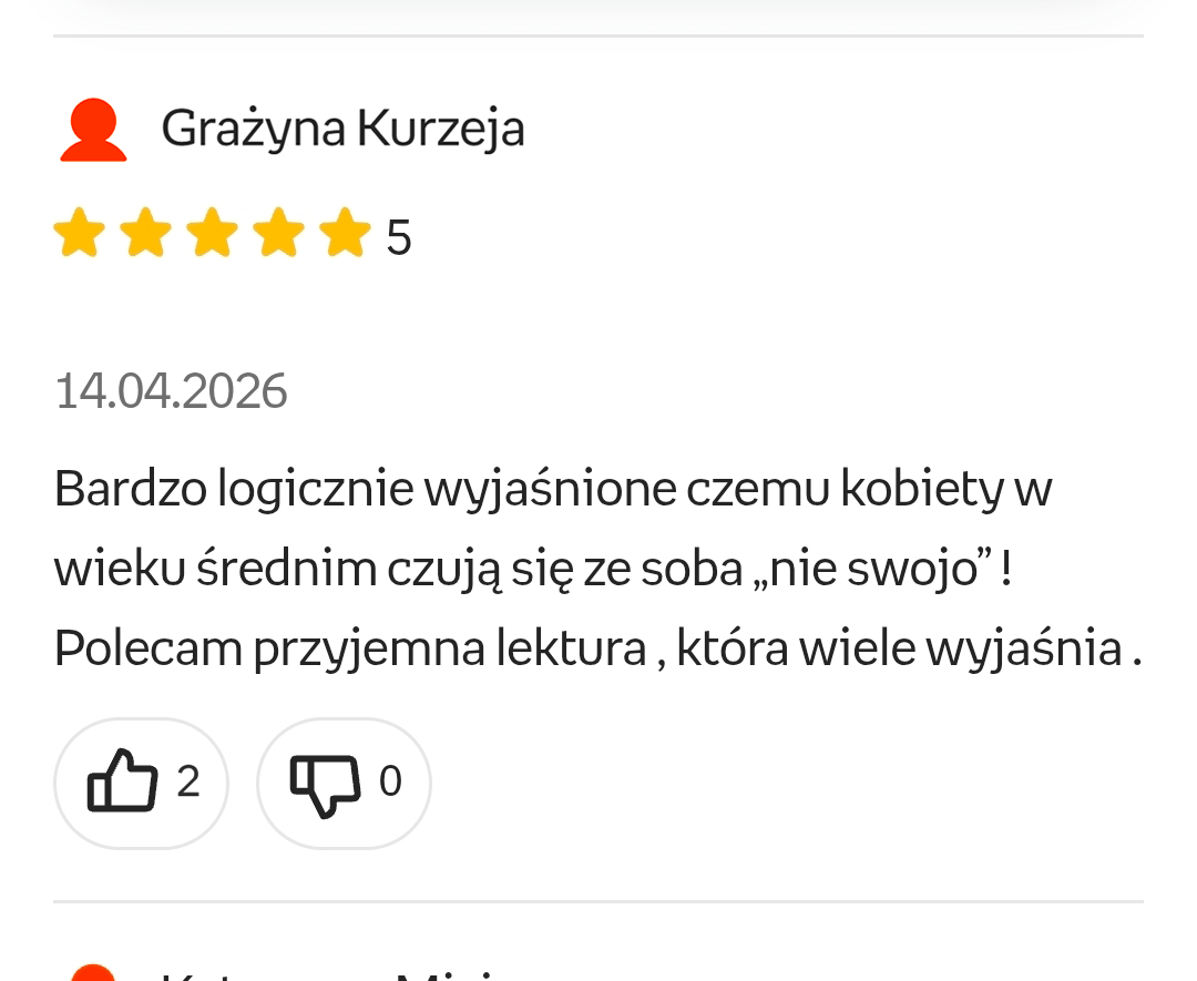 Screenshot opinii czytelniczki o logicznym wyjaśnieniu kobiecej cykliczności i większym spokoju